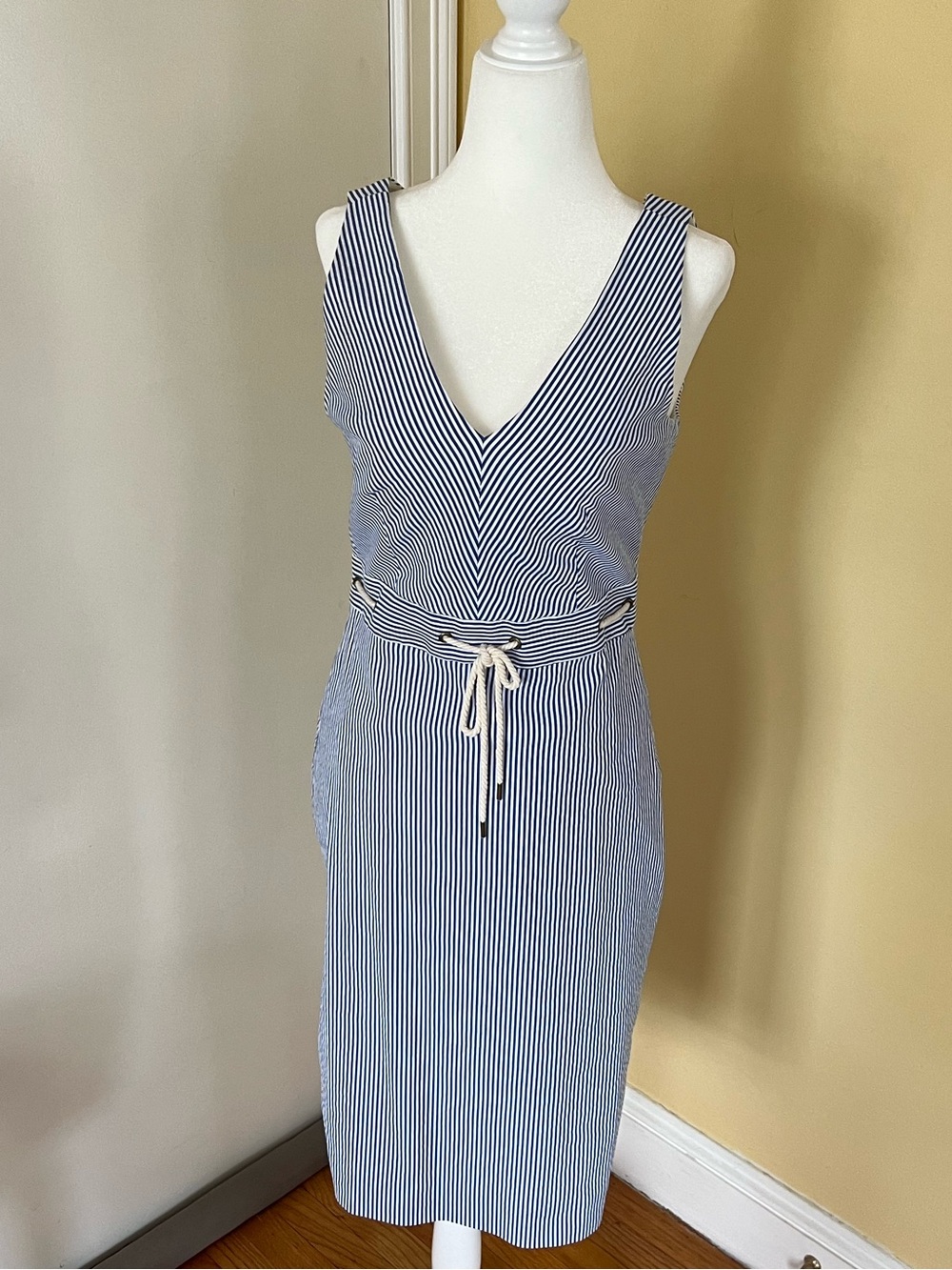 J. Crew Seersucker Nautical Rope Drawstring V-Neck Dress, Size 2